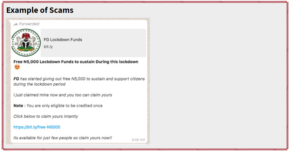 An example of a scam on messaging apps is a message claiming that the poster got a free N95 mask, and that the recipient is also eligible to get one.